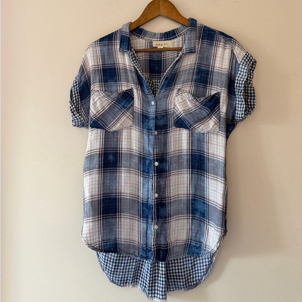 Cloth & Stone Navy and White Plaid Short Sleeve Tunic Shirt Size Medium Tencel